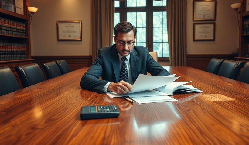 A Conference Room With A Large Oak Table, Where A Lawyer In A Sharp Suit Is Sitting, Intently Studying Documents And Notes. The Window Behind Them Casts A Warm, Natural Lighting, And The Walls Are Lined With Law Books And Framed Certificates. In The Center Of The Table, A Calculator And Pen Rest, Symbolizing The Careful Evaluation Of Legal Damages. The Lawyer'S Expression Is One Of Focused Concentration, As They Meticulously Assess The Complexities Of The Case. The Overall Atmosphere Conveys A Sense Of Professionalism, Expertise, And The Gravity Of The Situation.