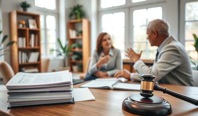 A Peaceful Home Office Setting With A Family Mediator Sitting At A Wooden Desk, Discussing Legal Documents With A Couple. Soft Natural Lighting Filters In Through Large Windows, Creating A Calming Atmosphere. In The Foreground, A Stack Of Folders And A Gavel Symbolize The Legal Process. The Middle Ground Features The Mediator, Dressed Professionally, Gesturing Empathetically As They Guide The Family Through Dispute Resolution. In The Background, A Bookshelf And Potted Plants Add Warmth To The Space, Conveying A Sense Of Guidance And Resolution.